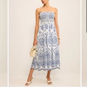 Commense Strapless Midi Dress Size Small Blue and White Print Boho Vacation